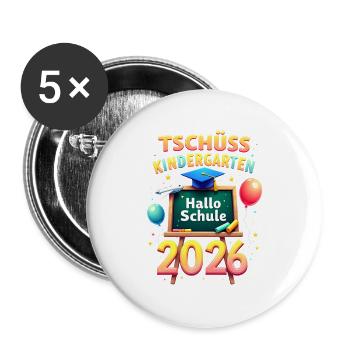 Schulkind 2026 Einschulung 2026 Schulanfang - Buttons groß 56 mm (5er Pack) - Weiß - Vorne