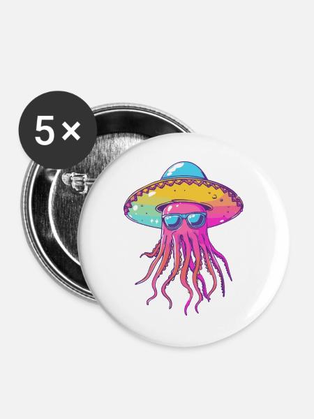 Qualle Lustig Sombrero - Buttons groß 56 mm (5er Pack) - Weiß