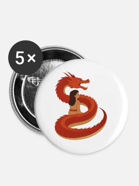 Drachenumarmung: Feurige Schlange und Jungfrau - Buttons groß 56 mm (5er Pack) - Weiß