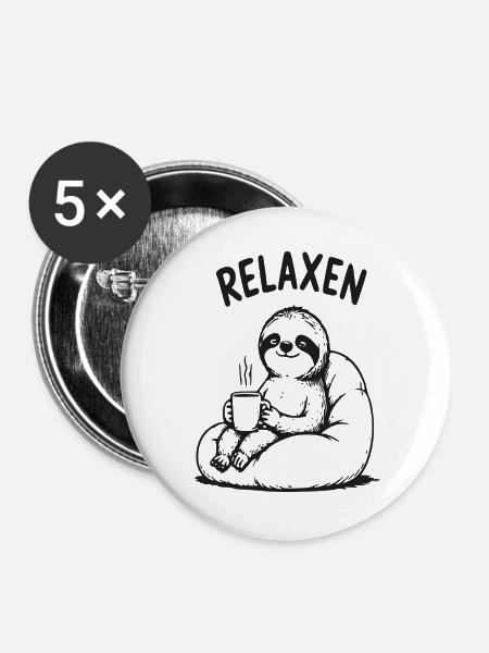 Relaxen Faultier mit Kaffee - Buttons groß 56 mm (5er Pack) - Weiß