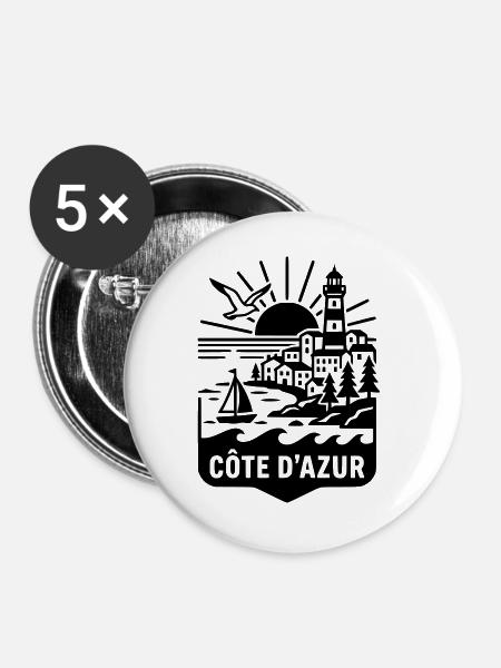 Côte d'Azur Silhouette Meer & Leuchtturm - Buttons groß 56 mm (5er Pack) - Weiß