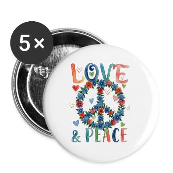 Enseigne florale Love and Peace en style aquarelle - Lot de 5 grands badges (56 mm) - blanc - Devant