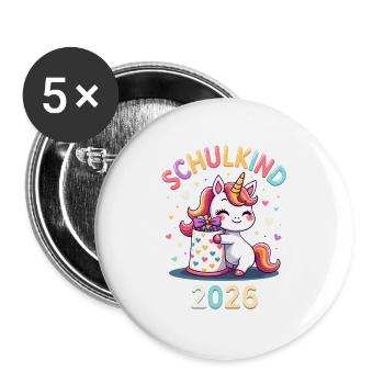Schulkind 2026 Einschulung 2026 Schulanfang - Buttons groß 56 mm (5er Pack) - Weiß - Vorne
