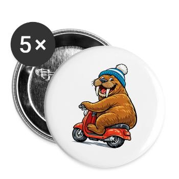 Walross auf dem Motorroller - Buttons groß 56 mm (5er Pack) - Weiß - Vorne