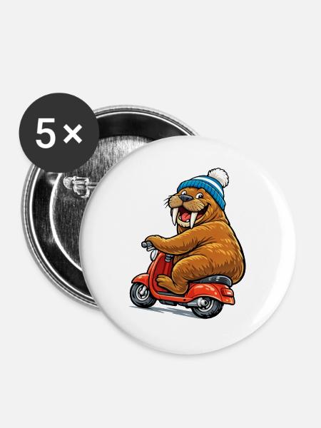 Walross auf dem Motorroller - Buttons groß 56 mm (5er Pack) - Weiß