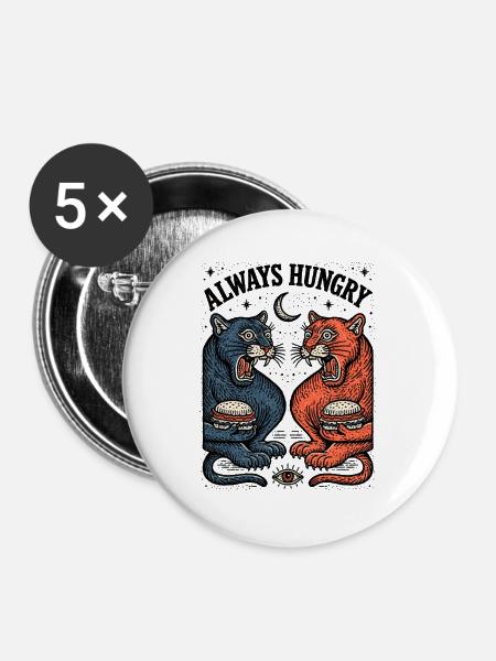 Immer Hungrig Katzenduo mit Burger - Buttons groß 56 mm (5er Pack) - Weiß