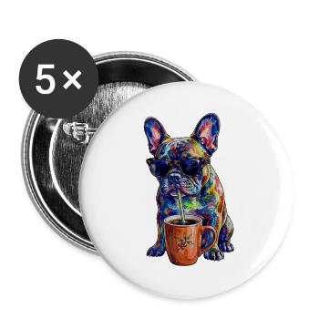 Coole Französische Bulldogge mit Kaffee - Buttons groß 56 mm (5er Pack) - Weiß - Vorne