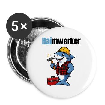 Haimwerker – Lustiger Hai Handwerker - Buttons groß 56 mm (5er Pack) - Weiß - Vorne