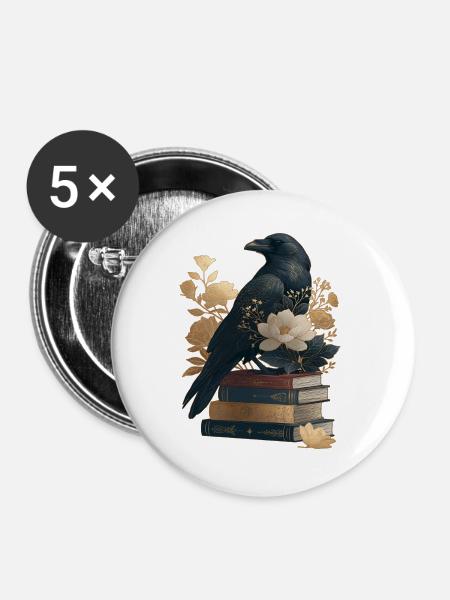 Rabe auf Büchern - Buttons groß 56 mm (5er Pack) - Weiß