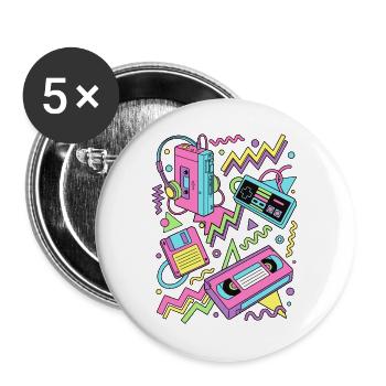 80er 90er Retro Technik Nostalgie Gamer - Buttons groß 56 mm (5er Pack) - Weiß - Vorne