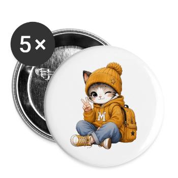 Kawaii-Kätzchen im gelben Hoodie - Buttons groß 56 mm (5er Pack) - Weiß - Vorne