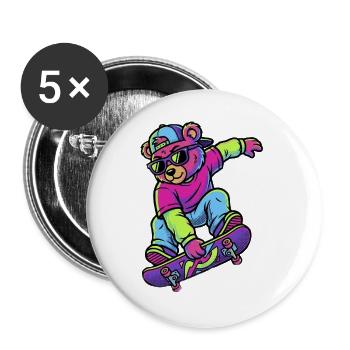 Teddybär auf einem Skateboard-Neon - Buttons groß 56 mm (5er Pack) - Weiß - Vorne
