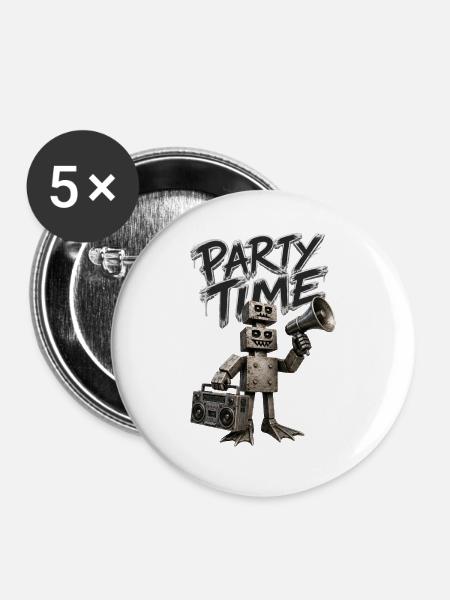 Roboter-Partyzeit - Buttons groß 56 mm (5er Pack) - Weiß