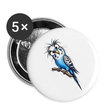 Blue Budgie Cartoon on Branch - Buttons large 2.2''/56 mm (5-pack) - white - Front