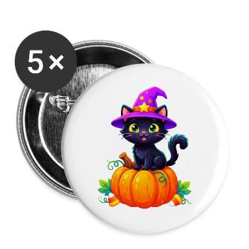 Süße Hexenkatze auf Kürbis - Buttons groß 56 mm (5er Pack) - Weiß - Vorne