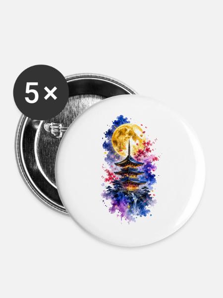 Japan Pagode Vollmond Sakura Aquarell - Buttons groß 56 mm (5er Pack) - Weiß