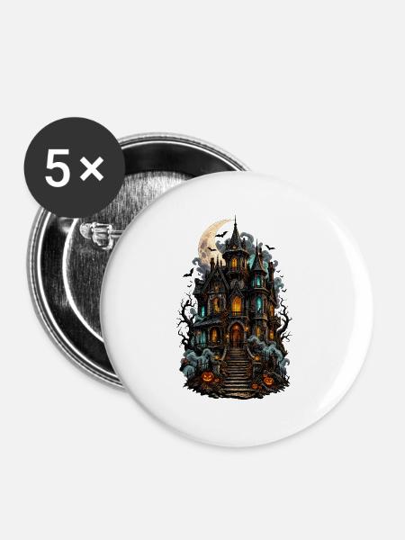Mondschein Spukhaus mit Laternen - Buttons groß 56 mm (5er Pack) - Weiß