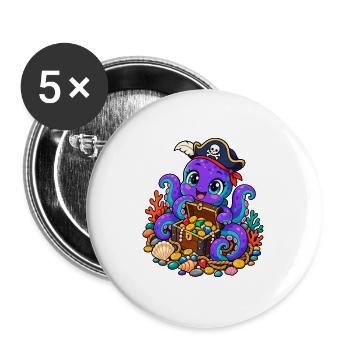 Piraten-Tintenfisch mit Schatztruhe - Buttons groß 56 mm (5er Pack) - Weiß - Vorne