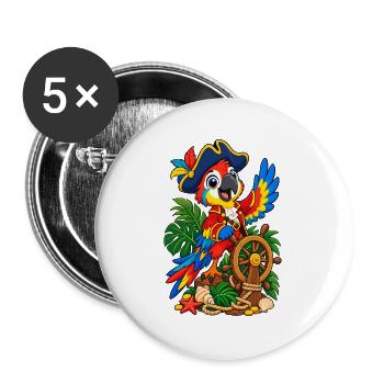 Piratenpapagei am Steuerrad - Buttons groß 56 mm (5er Pack) - Weiß - Vorne