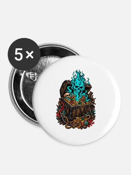 Blaues Flammen-Tresor - Buttons groß 56 mm (5er Pack) - Weiß
