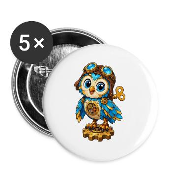 Steampunk-Eule mit Zahnrädern - Buttons groß 56 mm (5er Pack) - Weiß - Vorne
