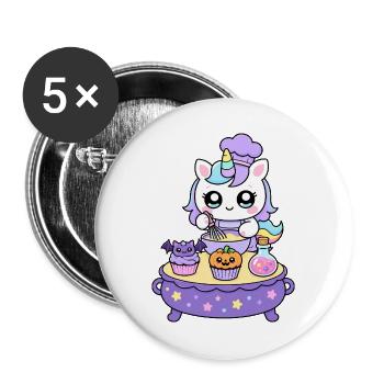 Kawaii-Einhorn macht Halloween-Cupcakes - Buttons groß 56 mm (5er Pack) - Weiß - Vorne
