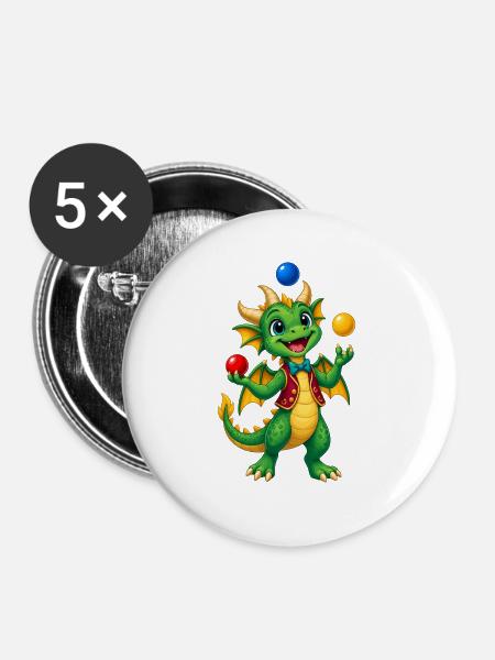 Jongliernder Drache mit bunten Kugeln - Buttons groß 56 mm (5er Pack) - Weiß