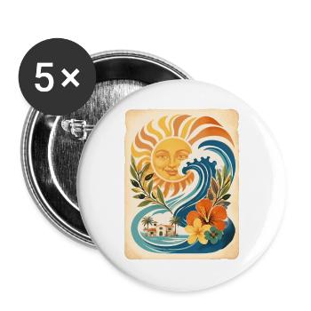 Sonne Meer Wellen Retro Strand Urlaub Line Art - Buttons groß 56 mm (5er Pack) - Weiß - Vorne