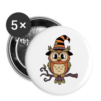 Süße Cartoon-Eule mit Hexenhut zu Halloween - Buttons groß 56 mm (5er Pack) - Weiß - Vorne