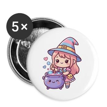 Süße Hexe rührt einen Kessel mit magischem Trank um - Buttons groß 56 mm (5er Pack) - Weiß - Vorne