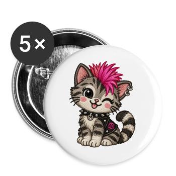 Punk Katze mit pinkem Iro – Stickmotiv Optik - Buttons groß 56 mm (5er Pack) - Weiß - Vorne