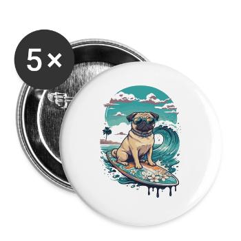 Mops Surf Tropenhund - Buttons groß 56 mm (5er Pack) - Weiß - Vorne