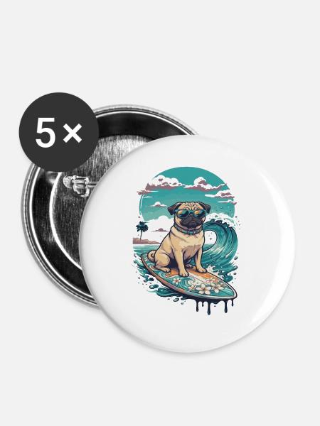 Mops Surf Tropenhund - Buttons groß 56 mm (5er Pack) - Weiß