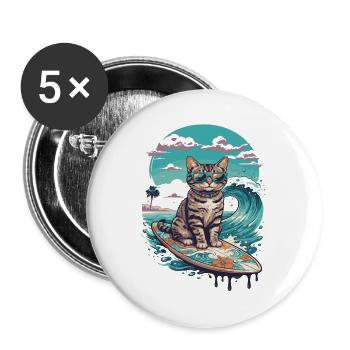 Surfer-Katze in tropischer Welle - Buttons groß 56 mm (5er Pack) - Weiß - Vorne