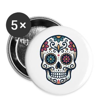 Bunte Zuckerschädel-Illustration mit floralem Dekor - Buttons groß 56 mm (5er Pack) - Weiß - Vorne