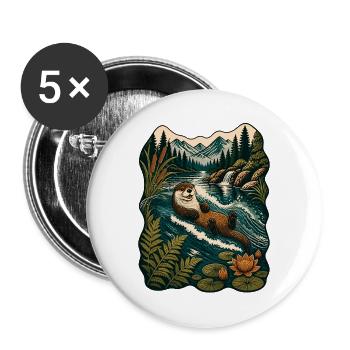Otter im Waldfluss - Buttons groß 56 mm (5er Pack) - Weiß - Vorne