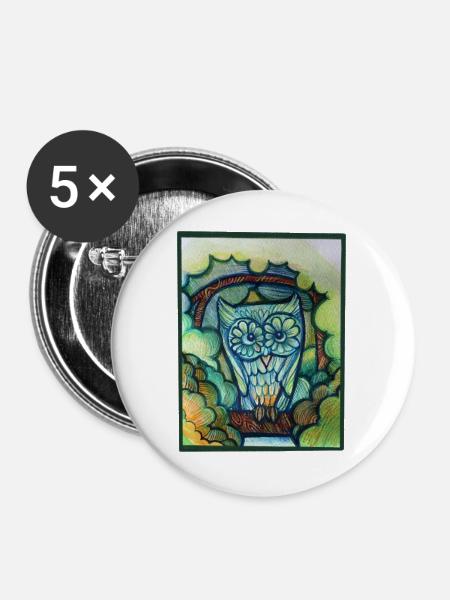 Eule in Blühen: Bunte Traumlandschaft - Buttons groß 56 mm (5er Pack) - Weiß