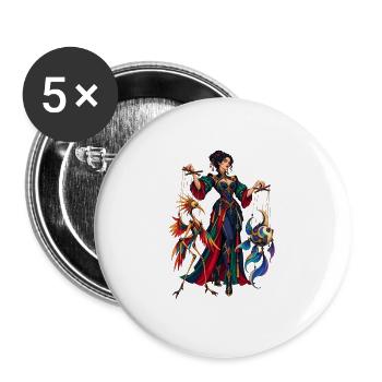 Puppenspielerin mit fantasievollen Marionetten - Buttons groß 56 mm (5er Pack) - Weiß - Vorne