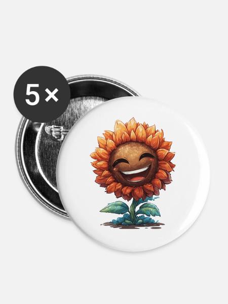 Lächelnder Sonnenblumen Gruß - Buttons groß 56 mm (5er Pack) - Weiß