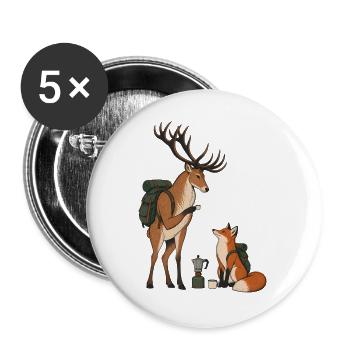 Hirsch & Fuchs – Kaffeepause beim Wandern - Buttons groß 56 mm (5er Pack) - Weiß - Vorne