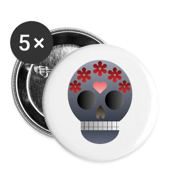 Totenkopf mit Blumen und Herz - Buttons groß 56 mm (5er Pack) - Weiß - Vorne