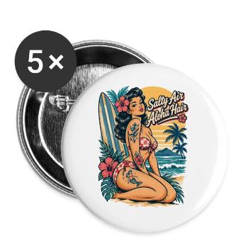 Salty Air, Aloha Hair – Pin-Up im Tattoo Stil - Buttons groß 56 mm (5er Pack) - Weiß - Vorne