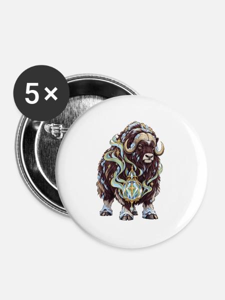 Moschusochse mit Polarlicht-Frostlaterne - Buttons groß 56 mm (5er Pack) - Weiß