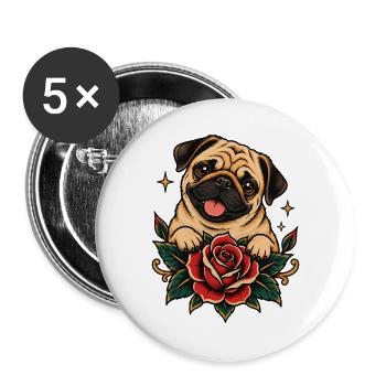 Mops Hund süßer Mops niedlicher Mops - Buttons groß 56 mm (5er Pack) - Weiß - Vorne