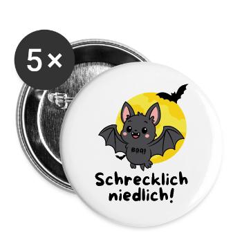 Schrecklich Niedlich – Süße Halloween Fledermaus - Buttons groß 56 mm (5er Pack) - Weiß - Vorne