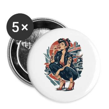 Rockabilly Pin-Up Girl: Rebellin mit Kirsche - Buttons groß 56 mm (5er Pack) - Weiß - Vorne