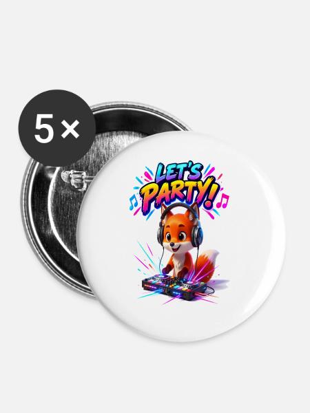 Fox DJ: Lasst uns feiern - Buttons groß 56 mm (5er Pack) - Weiß