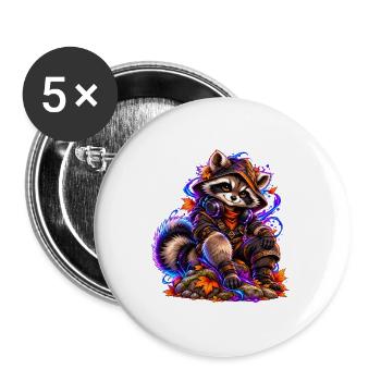 Neon-Waschbär mit Herbstlaub - Buttons groß 56 mm (5er Pack) - Weiß - Vorne