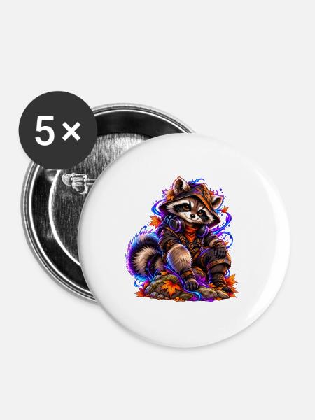 Neon-Waschbär mit Herbstlaub - Buttons groß 56 mm (5er Pack) - Weiß