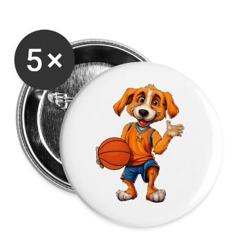 Hunde Basketball / Basketballspieler Hündchen - Buttons groß 56 mm (5er Pack) - Weiß - Vorne